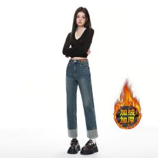 批发加绒秋冬纽扣设计感复古直筒烟管裤小个子显瘦百搭休闲<b class='q'>牛仔裤</b><b class='q'>女</b>