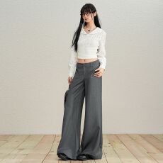 批发港风低腰复古高级灰微喇阔腿西装裤女垂感休闲裤拖地裤