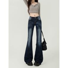 批发高个子加长美式低腰复古蓝<b class='q'>微喇</b><b class='q'>牛仔裤</b>女弹力修身显瘦拖地马蹄裤子