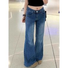 批发高个子美式辣妹低腰深蓝竹节纹<b class='q'>微喇</b><b class='q'>牛仔裤</b>女新款不贴腿宽松喇叭裤