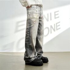 批发美式迷彩风3D数码打印宽松阔腿直筒牛仔裤男士长裤2026春潮流裤子