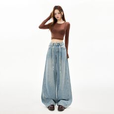 批发设计感抽绳满天星<b class='q'>镶钻</b><b class='q'>牛仔裤</b>女2026早春新款显瘦阔腿裤长裤
