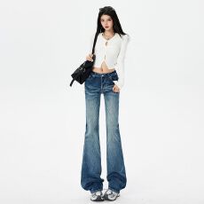 批发美式低腰复古弹力重工艺猫须水洗美式直筒裤长裤&加长