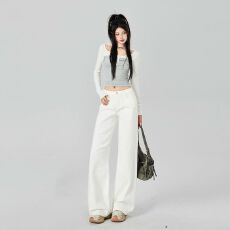 批发【三防】三个长度经典低腰白色直筒弹力<b class='q'>牛仔裤</b>显瘦修身直筒裤