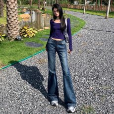 批发闪电猫抓纹重工复古猫须微喇<b class='q'>牛仔裤</b>弹力中低腰喇叭直筒裤秋冬