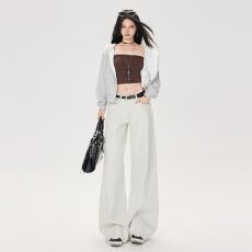 批发复古石灰白浅色<b class='q'>牛仔裤</b>阔腿裤拼接弯刀直筒推地裤春季新款长裤