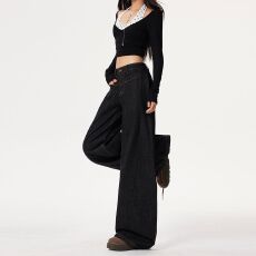 批发廓形设计黑色低腰弯刀<b class='q'>牛仔裤</b>美式复古百搭宽松阔腿裤子长裤加长