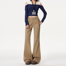 批发美式卡其色翻盖口袋设计早春新款不贴腿直筒微喇<b class='q'>牛仔裤</b>长裤