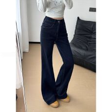 批发深蓝色微喇叭<b class='q'>牛仔裤</b>女秋冬新款高腰宽松阔腿显瘦百搭直筒拖地裤子
