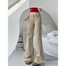 批发复古卡其色低腰<b class='q'>牛仔裤</b>女高个子宽松显瘦不贴腿拖地微喇叭阔腿长裤