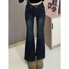 批发高个子加长深蓝复古低腰微喇<b class='q'>牛仔裤</b>女显瘦修身弹力拖地马蹄裤子潮