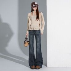 批发美式复古微喇叭裤双扣<b class='q'>弹力</b>高腰显瘦<b class='q'>牛仔裤</b>女长裤加长