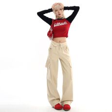 批发卡其工装牛仔裤<b class='q'>女</b>春秋装高腰宽松直筒翻边美式阔腿休闲拖地长裤