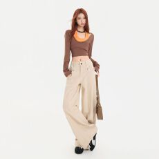 批发米杏色工装阔腿牛仔裤<b class='q'>女</b>新款美式高腰显瘦直筒拖地长裤