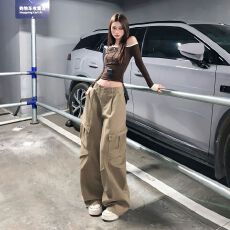 批发卡其色美式复古解构设计感<b class='q'>工装裤</b>男<b class='q'>女</b>宽松休闲褶皱垂感弯刀裤子