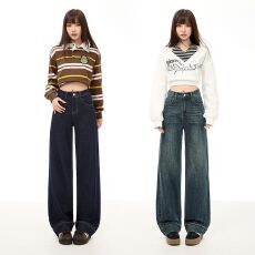 批发春季新款高腰显瘦宽松窄版<b class='q'>超</b>柔弹力直筒裤复古微阔牛仔裤女<b class='q'>大码</b>