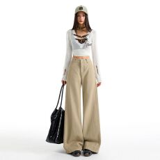 批发卡其高腰阔腿2026春<b class='q'>夏</b>牛仔裤女美式复古拼接新款宽松显瘦直筒裤