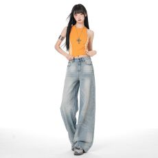 批发2026 春<b class='q'>夏</b>复古做旧水洗牛仔裤女宽松高腰显瘦直筒裤长裤拖地裤子