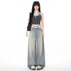 批发2026  春<b class='q'>夏</b>复古做旧水洗磨破牛仔裤女宽松显瘦直筒裤阔腿裤长裤