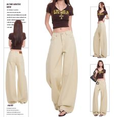 批发2026新款卡其色阔腿牛仔<b class='q'>裤</b>高腰宽松显瘦<b class='q'>百搭</b>弯刀<b class='q'>裤</b>