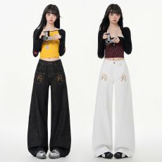 批发小众设计字母翅膀刺绣牛仔阔腿裤女2026春季新款宽松显瘦百搭长裤