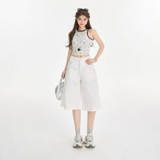 批发美式复古高腰宽松阔腿裤七分裤<b class='q'>白色</b>百搭垂感春夏<b class='q'>牛仔裤</b>女