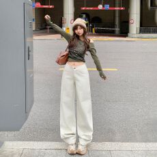 批发美式复古低腰辣妹宽松直筒裤<b class='q'>白色</b>皮裤百搭显瘦休闲裤女