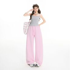 批发美式复古高腰宽松阔腿裤抽绳<b class='q'>松紧腰</b>垂感弯刀裤休闲裤女春夏