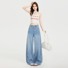 批发美式复古小花刺绣阔腿<b class='q'>牛仔裤</b>女2026早春新款高腰宽松显瘦直筒