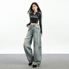 批发美式破洞复古宽松阔腿裤潮酷i春夏<b class='q'>新款</b>直筒破洞牛仔裤女&长裤加长