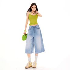 批发2026美式竹节蓝七分阔<b class='q'>腿</b>牛仔短<b class='q'>裤</b>春夏新款显瘦百搭休闲