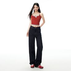 批发全勤单品 显瘦天花板 深蓝色赤耳丹宁防掉色原牛直筒<b class='q'>绣花</b><b class='q'>牛仔裤</b>女