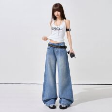 批发满天星河烫钻阔腿牛仔裤女 高腰宽松高级感拖地裤