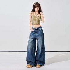 批发春秋新款美女复古重工水洗高腰宽松阔腿牛仔裤女