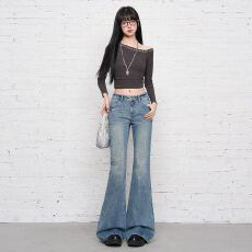 2026春季 复古蓝牛仔裤女新款修身百搭显瘦辣妹潮风拖地喇叭裤子
