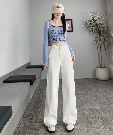 이른 봄 새로운 캐주얼 루즈핏 넓은 다리 화이트 청바지 여성