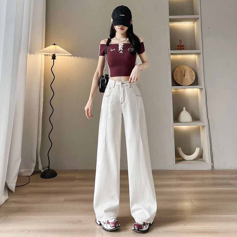 아메리칸 이른 봄 새로운 캐주얼 넓은 다리 스트레이트 청바지 여성