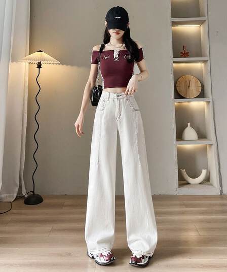 아메리칸 이른 봄 새로운 캐주얼 넓은 다리 스트레이트 청바지 여성