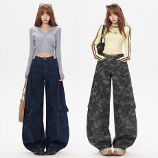 批发美式高腰弯刀阔腿裤<b class='q'>女</b>2026春季新款多口袋酷飒风显瘦辣妹工装<b class='q'>长裤</b>