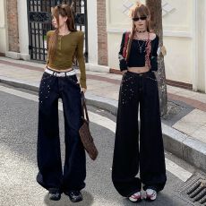 批发设计感钉珠丹宁色阔腿牛仔裤<b class='q'>女</b>2026春季新款高腰宽松显瘦拖地裤
