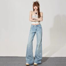 批发满天星烫钻蓝色<b class='q'>微喇</b><b class='q'>牛仔裤</b>女新款辣妹百搭显瘦喇叭拖地长裤&加长