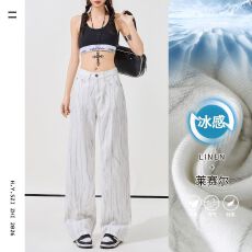批发2026春季新款＆新视觉精致条纹超柔软莱赛尔美式阔腿<b class='q'>牛仔裤</b>女