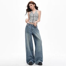 批发新款个性2026偏爱蓝调分割线后袋<b class='q'>绣花</b><b class='q'>牛仔裤</b>复古设计阔腿裤长裤