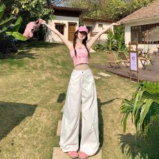 批发白色美式弯刀休闲裤<b class='q'>女</b>2026春夏新款宽松直筒设计感铆钉<b class='q'>工装裤</b>