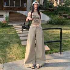 批发美式老钱腔调全棉水洗复古<b class='q'>牛仔裤</b>女<b class='q'>显瘦</b>阔腿裤百搭休闲裤