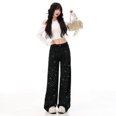 批发2026年春夏<b class='q'>烫钻</b>小个子天丝阔腿波点<b class='q'>牛仔裤</b>女高腰显瘦垂感薄款冰丝