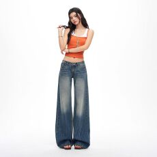 批发26年春夏新款 美式复古扎洗工艺中腰显瘦微宽松喇叭牛仔裤女