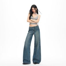批发26年春夏新款 无腰头设计感中低腰松驰感直筒微宽松拖地牛仔裤女