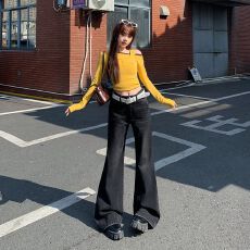 批发美式微喇牛仔长裤修身显瘦2026新款<b class='q'>女生</b>春秋拖地舒适面料设计感