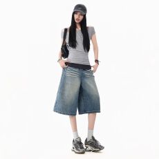 批发2026春夏新款美式宽松阔腿七分牛仔裤女<b class='q'>高腰</b>显瘦复古八分中裤